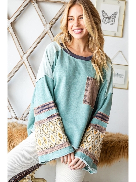 Oli & Hali Tops - SOLD! NEW!!! Oli And Hali Casual Mint Green Patchwork Sleeve Women's Top, Sz L